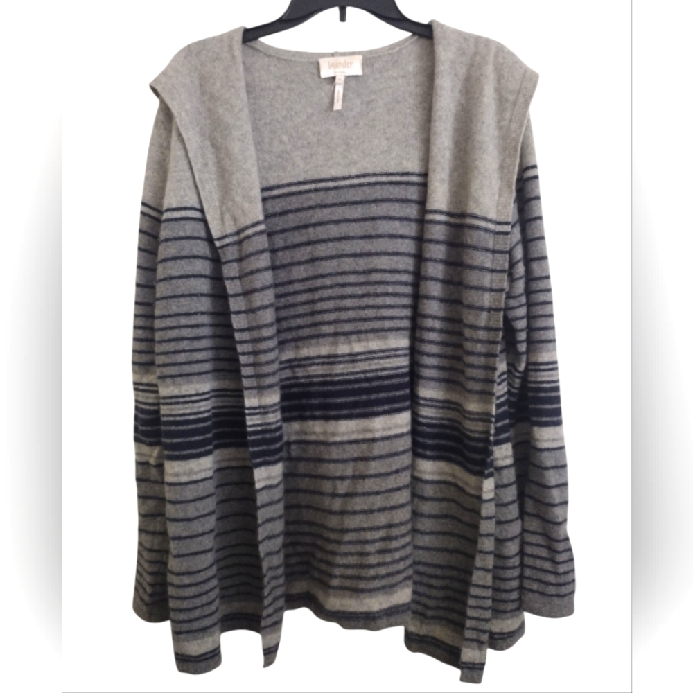 Laundry By Shelli Segal Grey Navy Striped Cashmere Cardigan With Hood Size XL